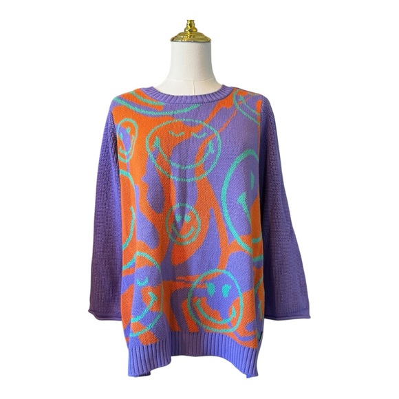 LOGO Lori Goldstein Smiley World Purple Orange Sweater Green Smiley M - Picture 2 of 9